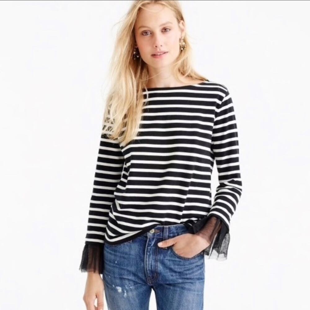 J CREW Women's Black White Striped Ruffle Tulle Long Sleeve Shirt